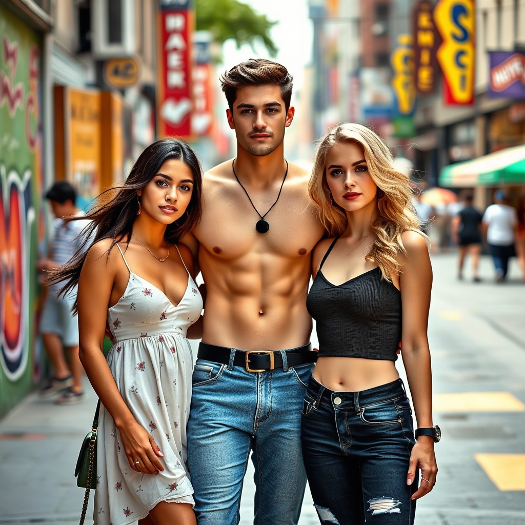 A handsome young man with an athletic build, wearing a stylish casual outfit, standing confidently in a vibrant urban setting surrounded by two beautiful young women