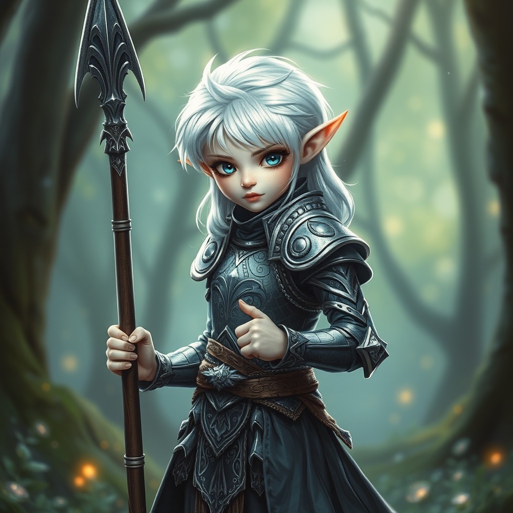 A short, elegant astral elf with striking white hair, adorned in intricately designed chainmail that reflects celestial patterns