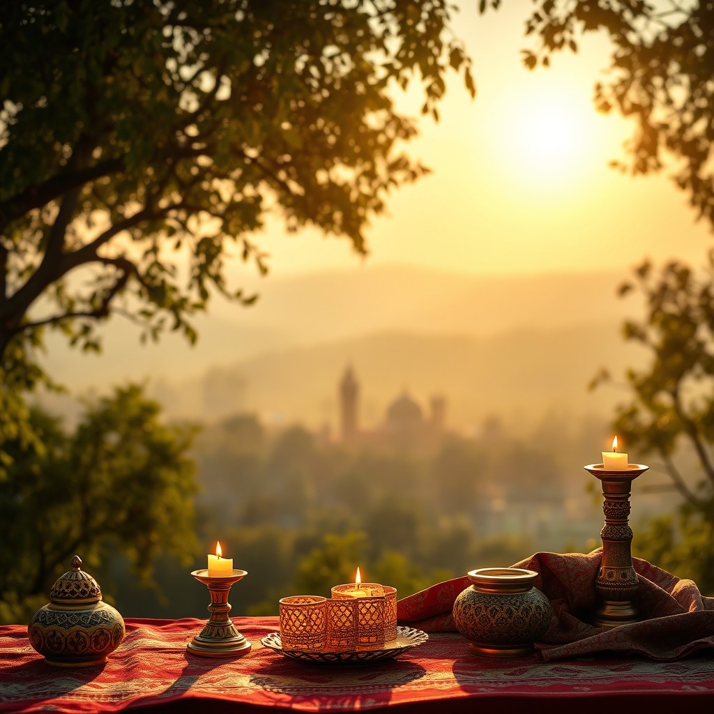 A serene landscape featuring a sunlit horizon during early morning, with gentle winds carrying fragrant scents symbolizing spirituality and sacrifice