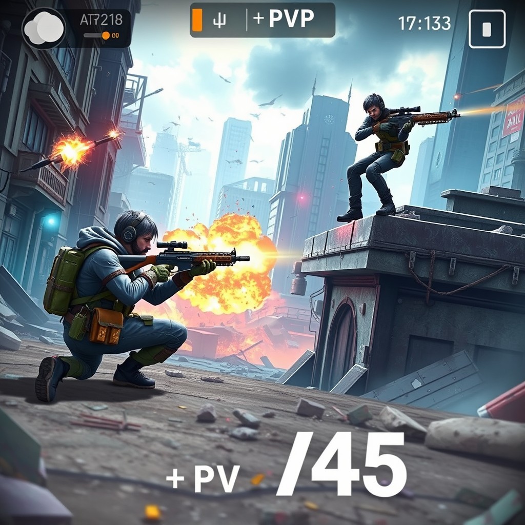 An intense mobile gaming scene depicting a multiplayer PvP battle between two characters, one using the KRM-262 shotgun and the other wielding the HSD405 sniper rifle