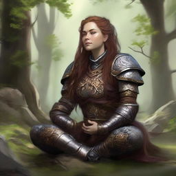 dwarven female kineticist meditates wearing her heavy armor while nature's energy surrounds her