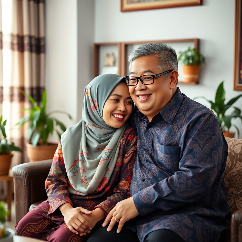 A loving and warm scene featuring a Malay woman wearing a colorful hijab, exuding grace and beauty