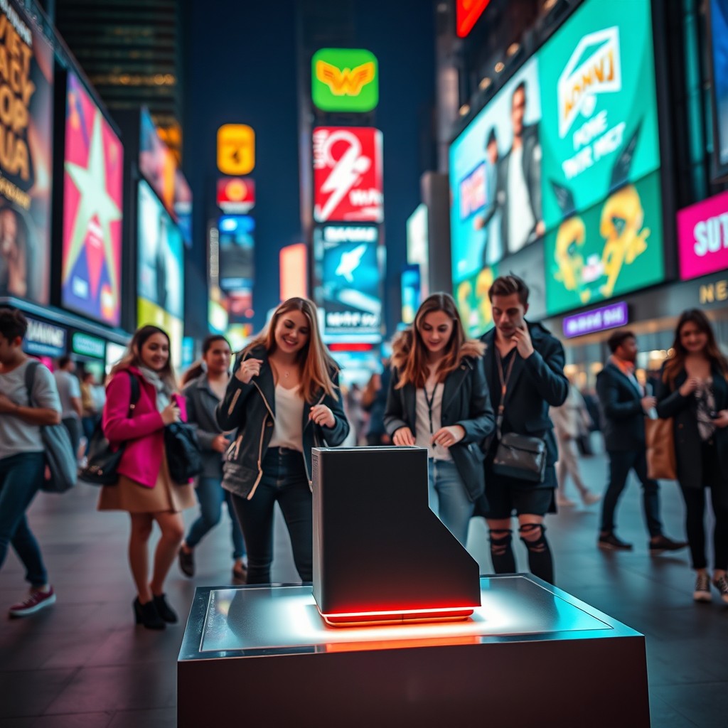 An eye-catching advertisement featuring a stylish, modern product in a vibrant urban setting