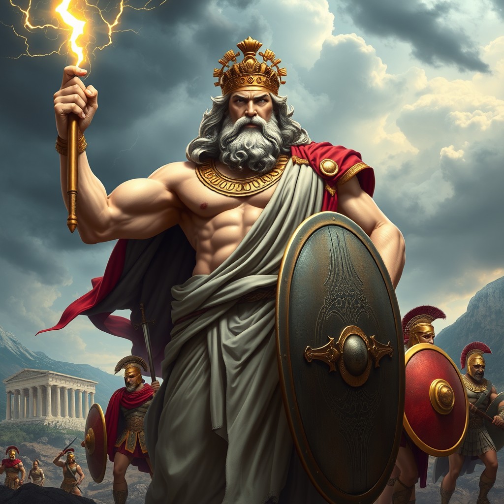 Zeus, the mighty Greek god, depicted in a powerful yet regal pose, surrounded by a group of fierce Spartan warriors