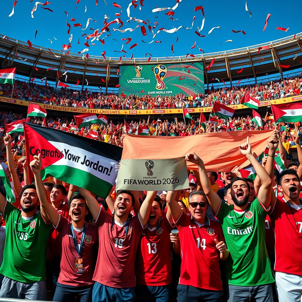 A vibrant and celebratory scene featuring a diverse crowd of enthusiastic soccer fans in a stadium, holding colorful flags and banners that say "Congratulations Jordan!" and "Qualified for the 2026 FIFA World Cup"