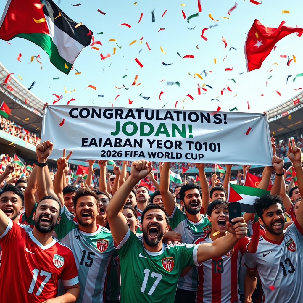 A vibrant and celebratory scene featuring a diverse group of soccer fans joyfully celebrating the qualification of their team, represented by a banner that reads "Congratulations Jordan! Qualified for the 2026 FIFA World Cup"