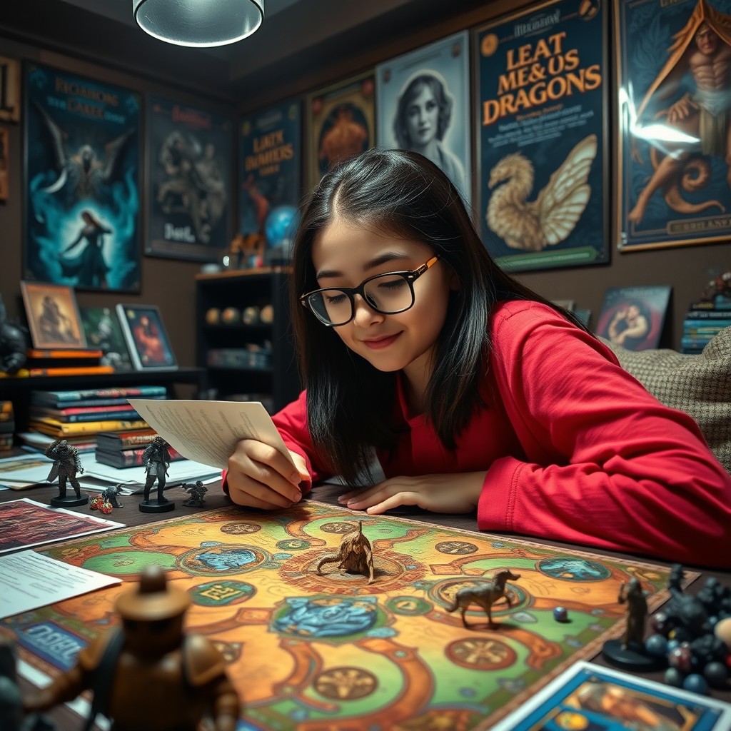 A dark-haired girl wearing stylish glasses, deeply focused and enjoying a game of Dungeons & Dragons