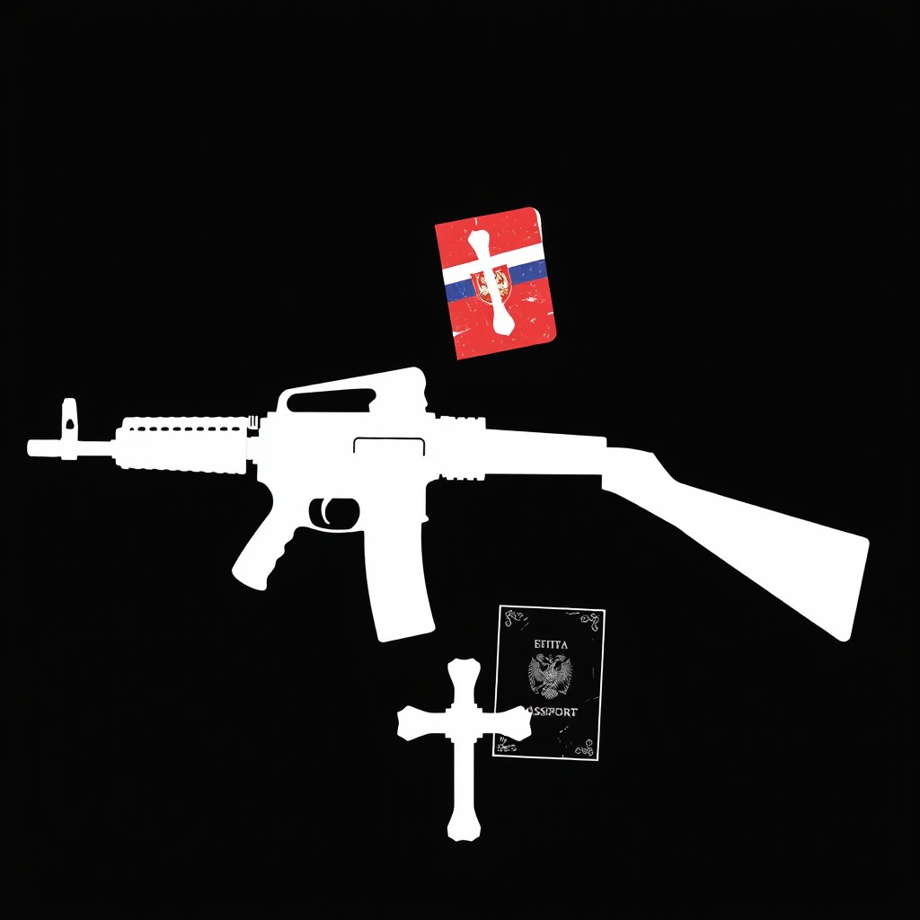 A minimalist crime novel book cover design featuring a black background with stark white silhouettes of symbolic objects: an AK-47 rifle, a torn Serbian passport, an Orthodox cross, and a faint, weathered American flag