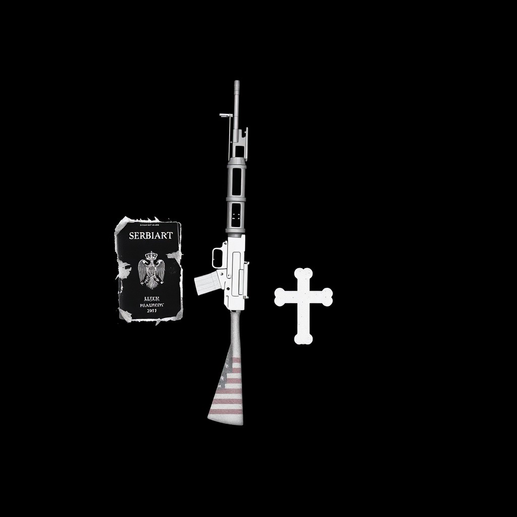 A minimalist crime novel book cover design featuring a black background with stark white silhouettes of symbolic objects: an AK-47 rifle, a torn Serbian passport, an Orthodox cross, and a faint, weathered American flag