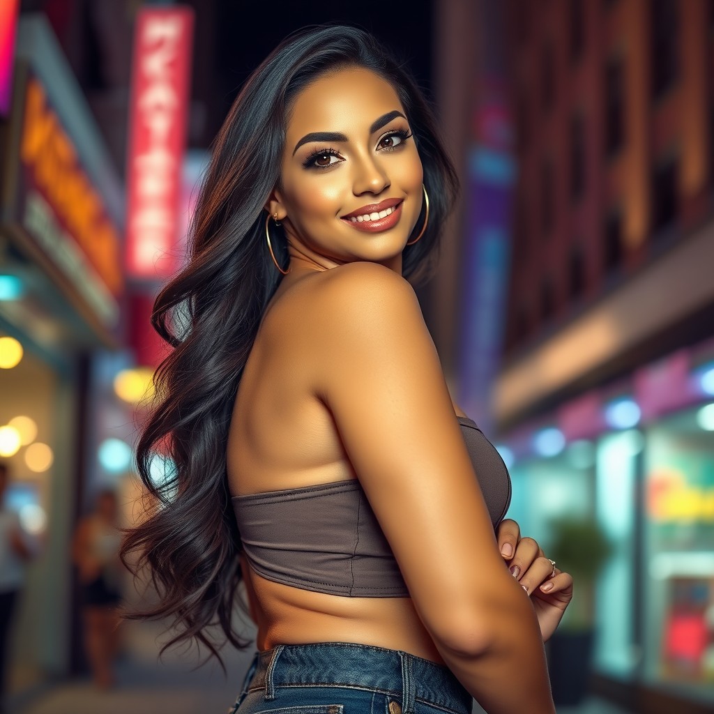 A stunning woman with a curvy figure and F-size cups, posing confidently in a fashionable outfit that accentuates her curves