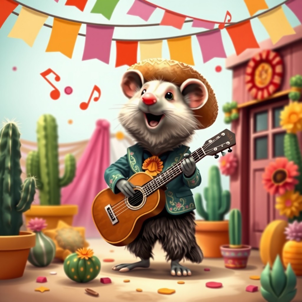 A charming and whimsical scene featuring a mariachi possum dressed in a traditional mariachi suit complete with a sombrero and decorative embroidery