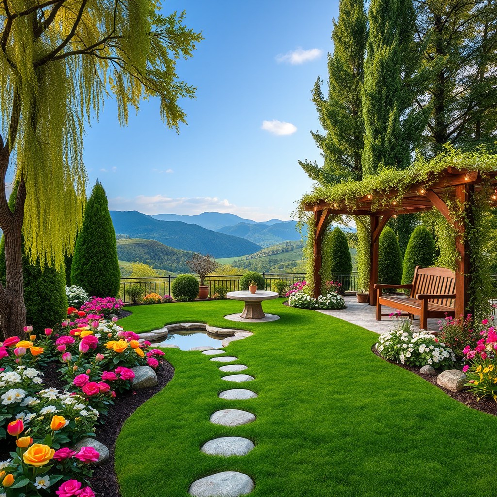 A beautifully designed 270 square meter garden, featuring lush green lawns, colorful flower beds with a variety of blooming flowers including roses, tulips, and daisies, a small pond with koi fish, decorative stones lining the pathways, and a cozy seating area with elegant wooden benches and a stone table