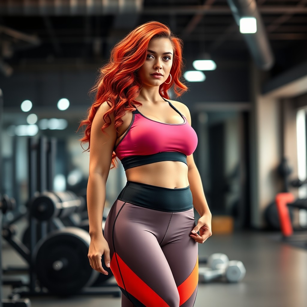 A beautiful curvy woman with red hair, standing at 1