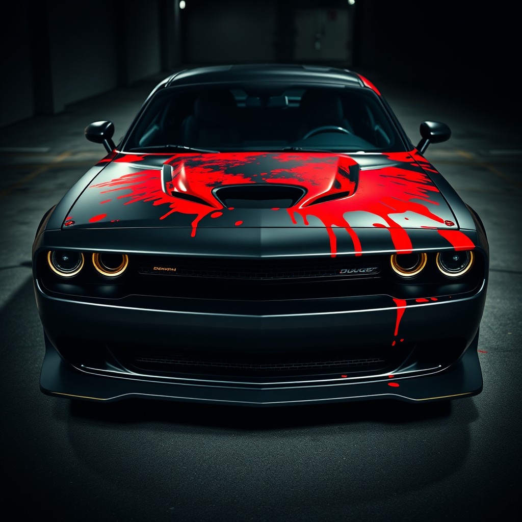 A sleek black Dodge Challenger Demon, showcasing its powerful stance with a unique twist