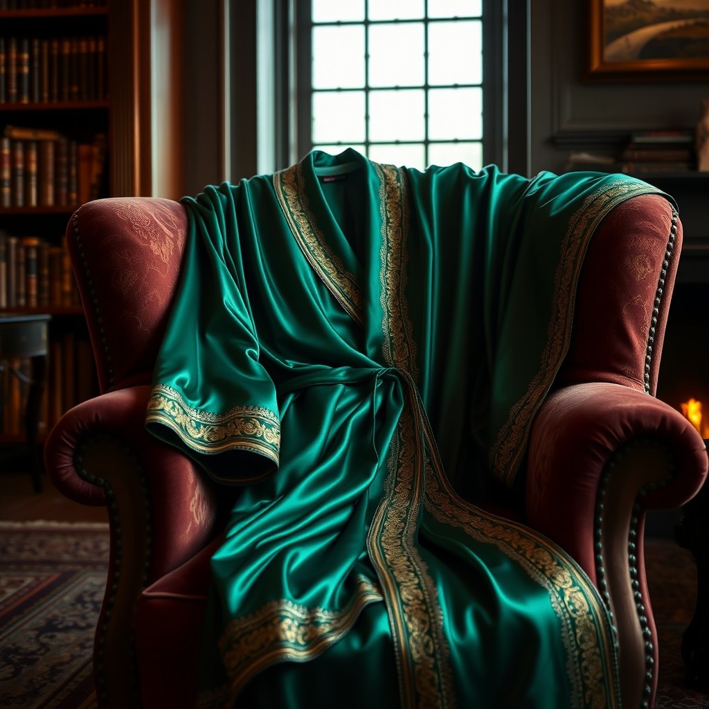 A luxurious, flowing robe made of rich silk fabric, elegantly draped on a plush velvet armchair