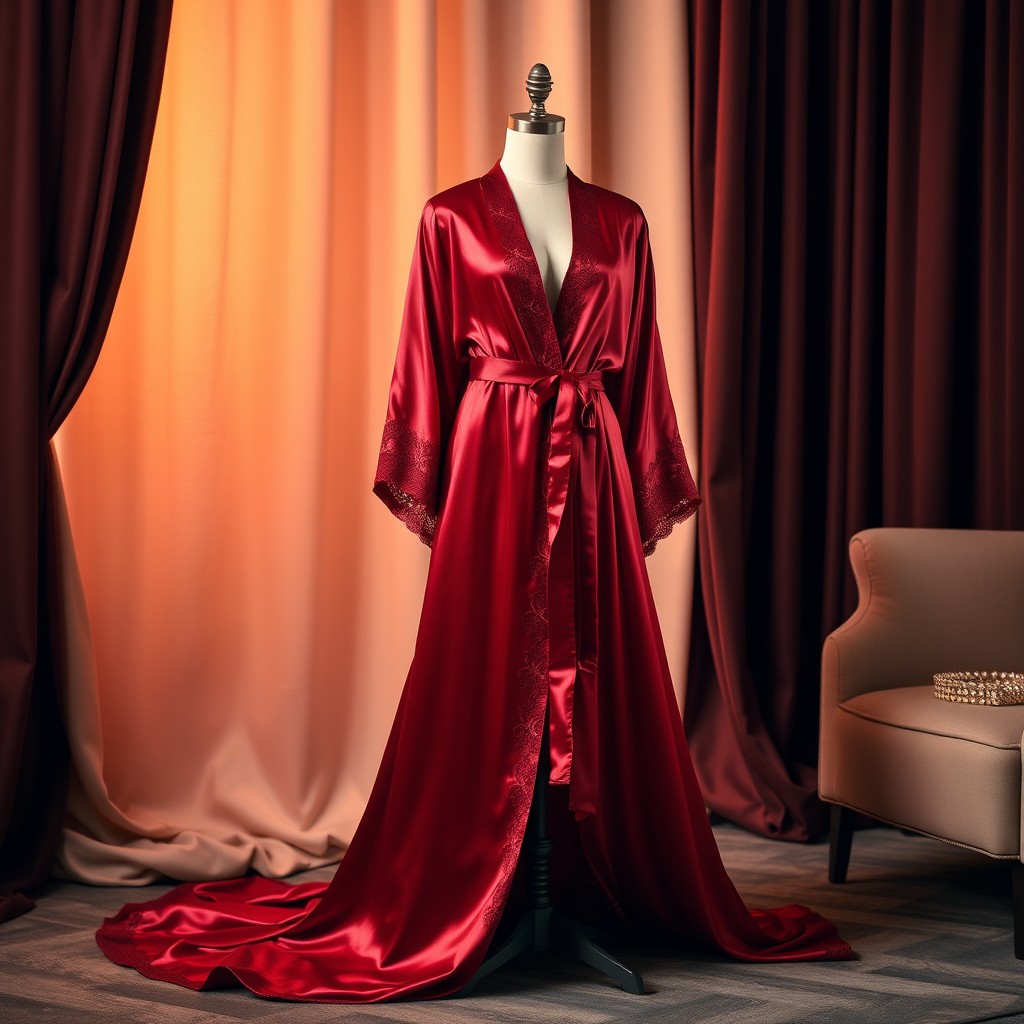 A luxurious, long flowing robe made of satin, elegantly draping down to the floor