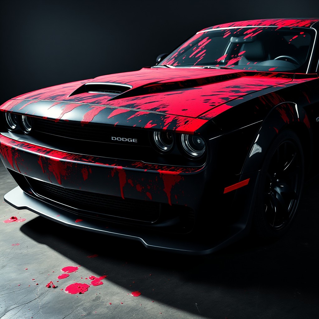 A menacing black Dodge Challenger Demon, its entire front end and sides dramatically splattered with vivid red paint, resembling a heavy blood spray