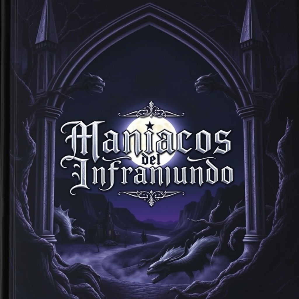A gothic style book cover featuring the title 'Maniacos del Inframundo'