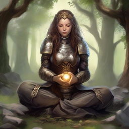 dwarven female kineticist meditates wearing her heavy armor while nature's energy surrounds her