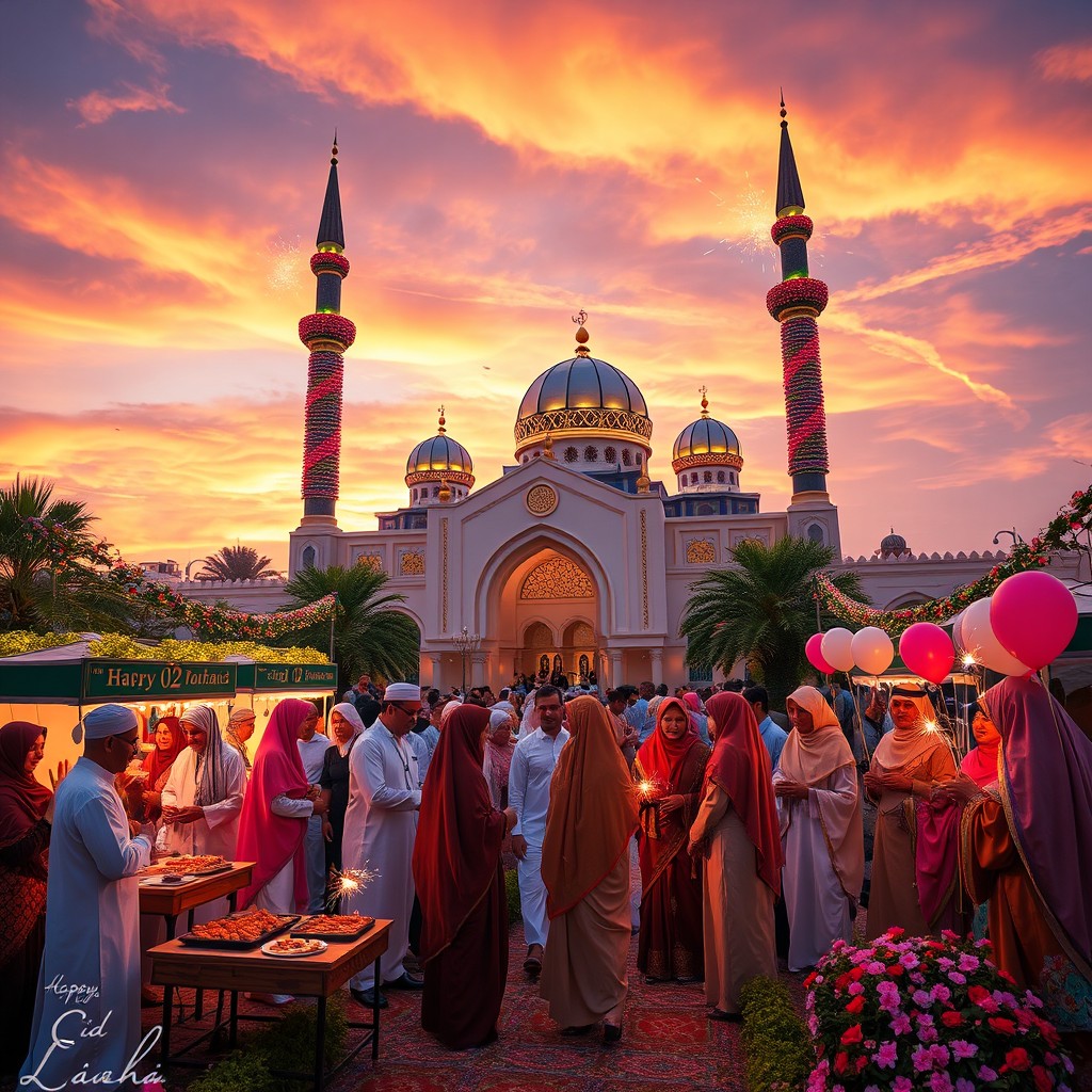 A vibrant and festive scene celebrating Eid al-Adha