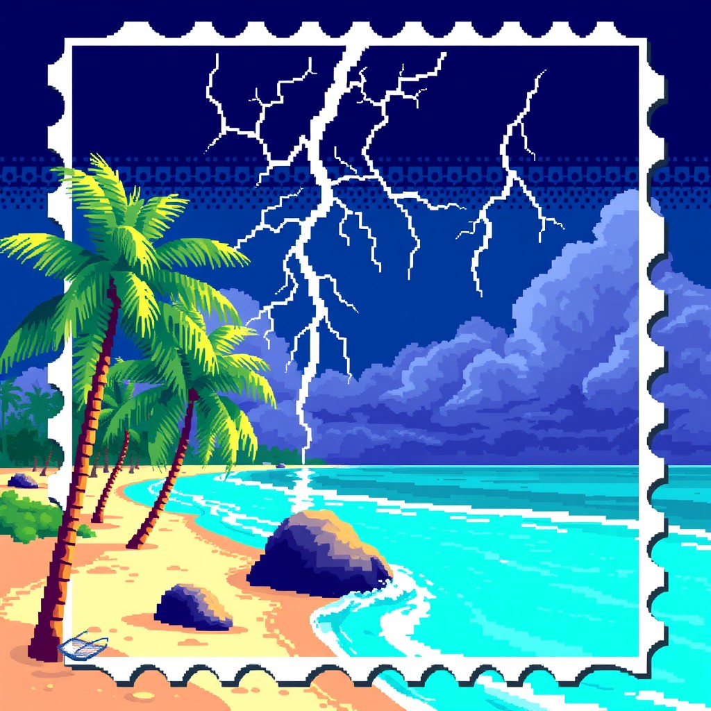 A vibrant beach scene featuring palm trees swaying in the breeze under dramatic lightning strikes in the sky, all rendered in pixel art style