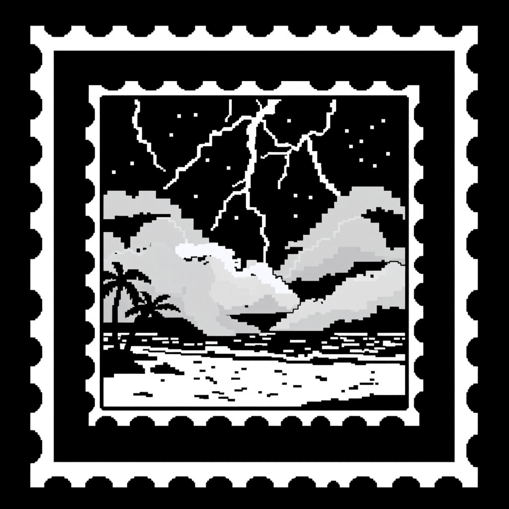 A beach scene with palm trees and lightning, rendered in pixel art style