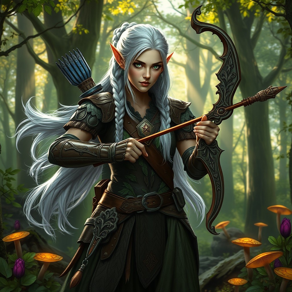 A powerful Dungeons and Dragons (D&D) character, a female elf ranger standing in a lush forest, wearing intricate leather armor with leafy patterns