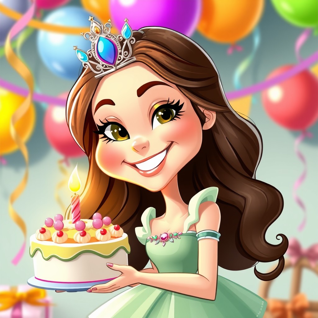 A whimsical caricature of a princess with wavy brunette hair extending below her shoulders, joyfully celebrating her birthday