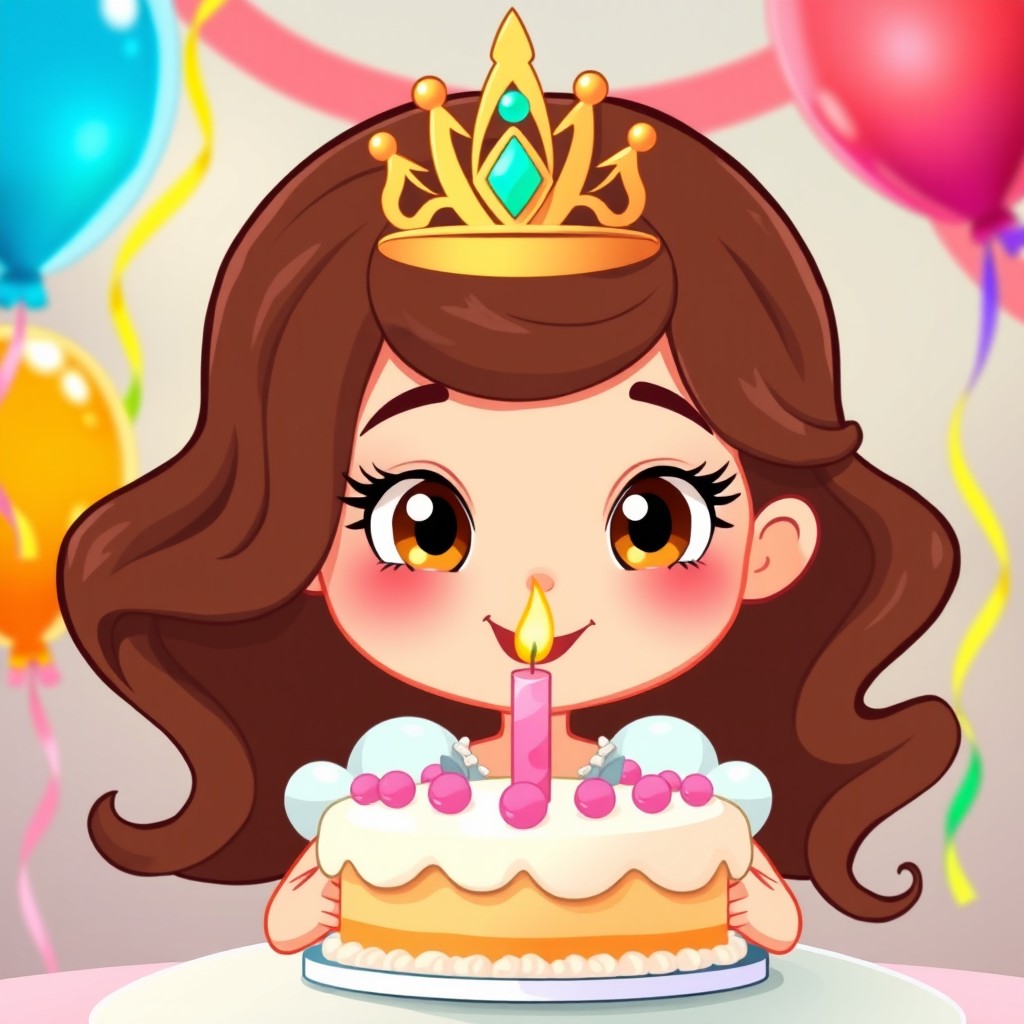 A charming cartoon princess with small eyes and wavy brunette hair extending below her shoulders, joyfully celebrating her birthday