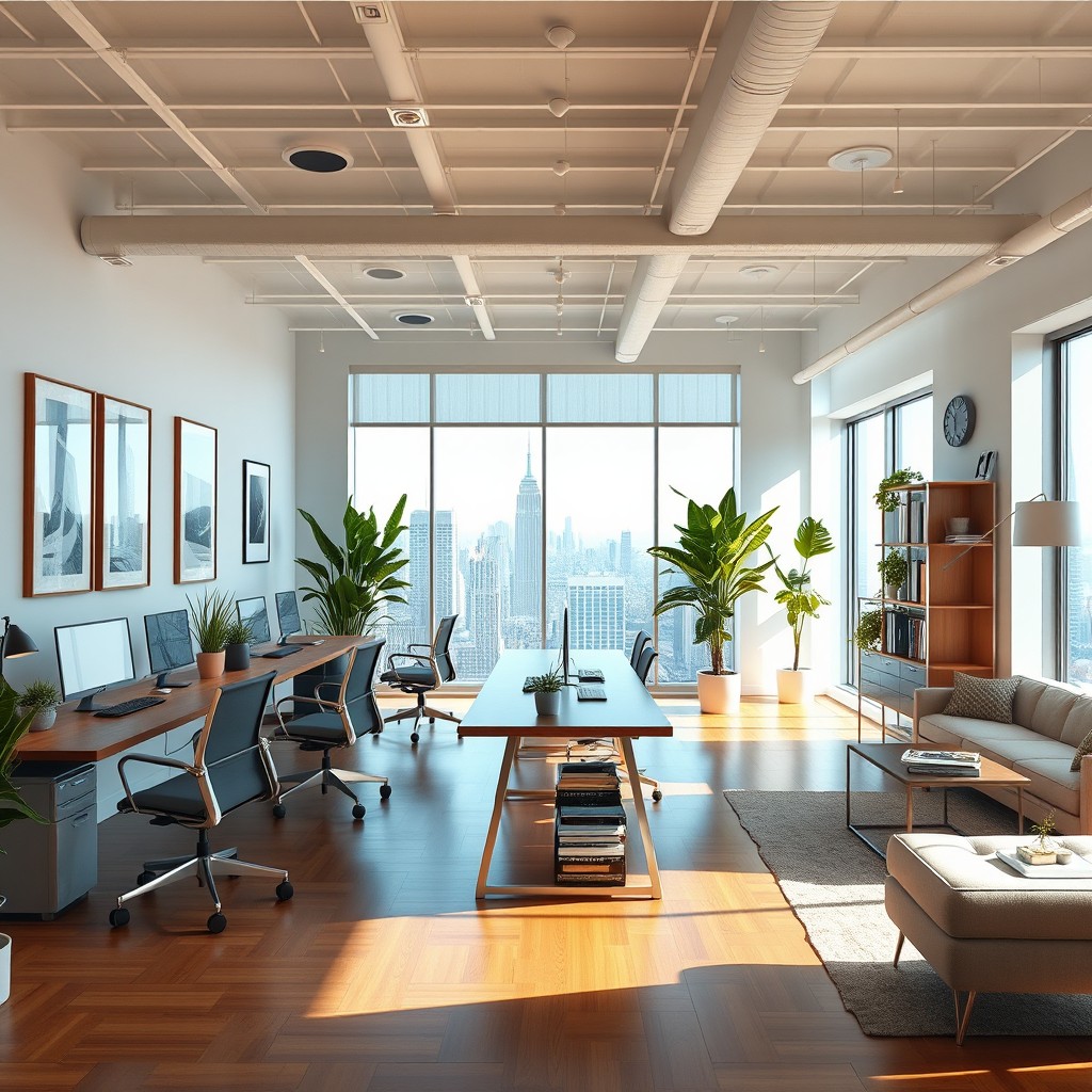 A modern, stylish office space filled with natural light