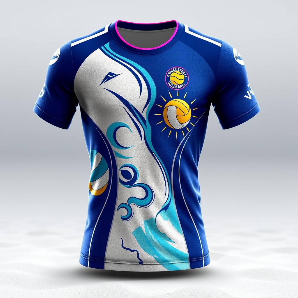 A vibrant beach volleyball jersey design featuring a stunning combination of dark blue and white colors
