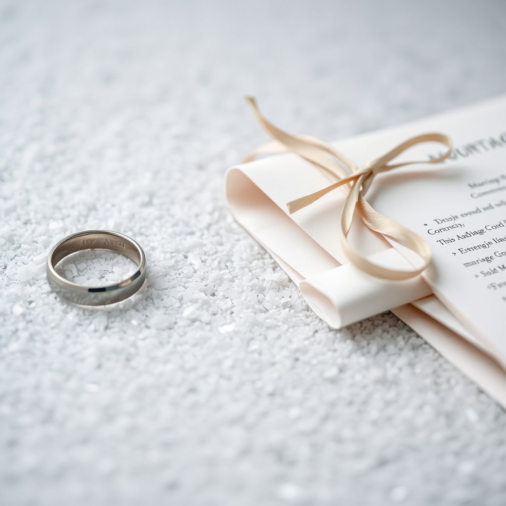 Two wedding rings resting on a cold, textured surface, glistening softly in the ambient light
