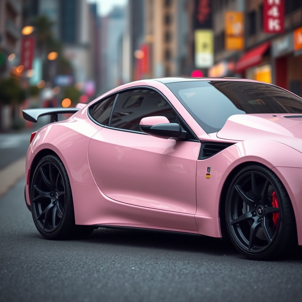 A sleek sports car featuring black alloy rims and a lighter pink body color, similar to a soft pastel shade