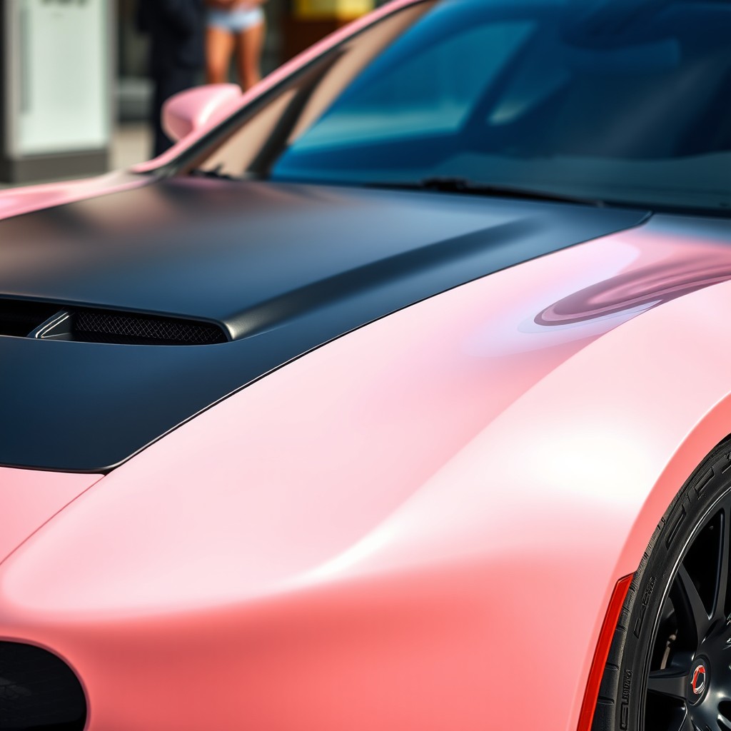 A sleek and stylish sports car with matte black rims, featuring a lighter shade of pink on the body, similar to a soft pastel pink