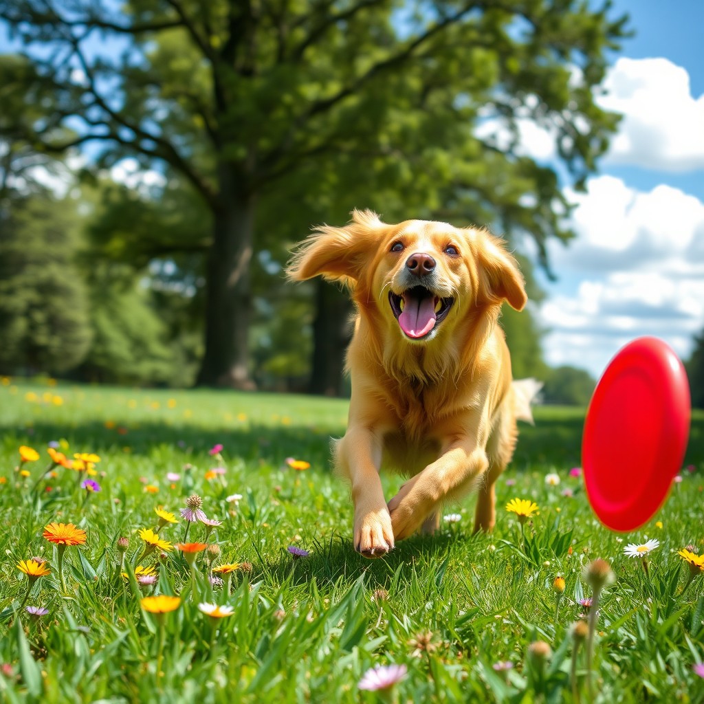 A playful and energetic golden retriever running through a lush green park, its fur glistening in the sunlight, surrounded by colorful wildflowers