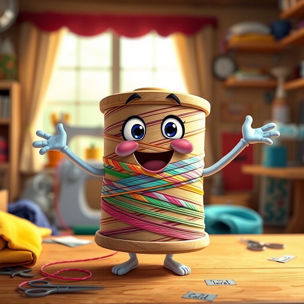 A whimsical animation of a spool of thread personified with animated arms and eyes