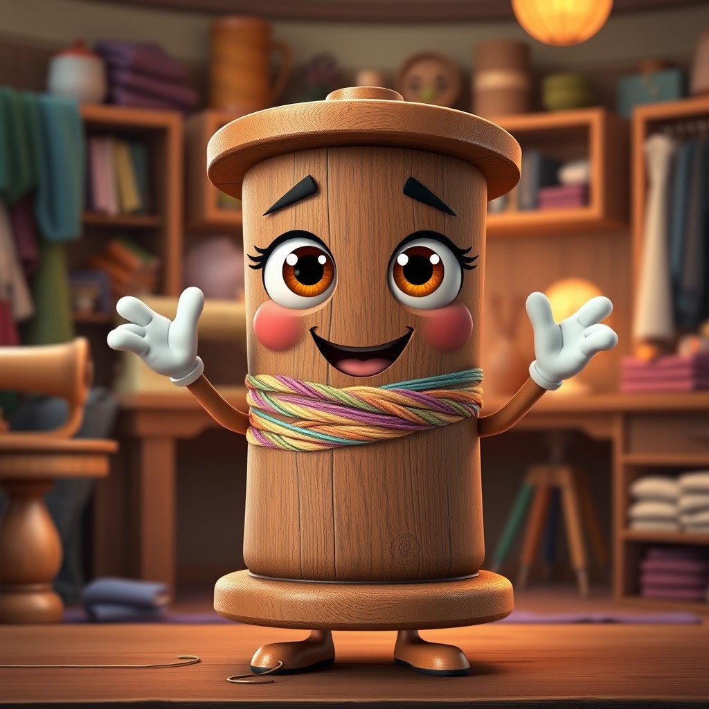 A delightful animation of a spool of thread brought to life, featuring arms and large, expressive eyes