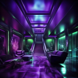 A realistic, sleek modern mansion, harboring an evil genius. Accentuated with chilling blues, eerie greens, and intense purples, the design subtly expresses the occupant's malevolence and immense intellect. The powerful aura and oppressive rage is almost palpable.