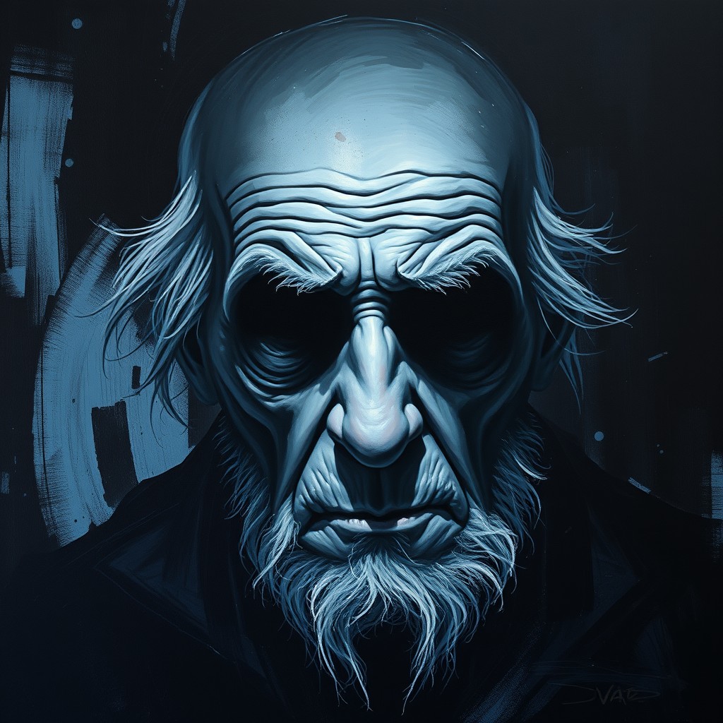 Impressionist/abstract painting of an extremely old, mysterious elderly man, shrouded in deep shadows, especially around the eye sockets, concealing his eyes completely in darkness