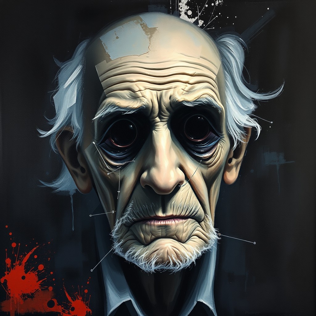An impressionist/abstract painting featuring a very old, mysterious elderly man shrouded in shadows, particularly around the eye sockets, making his eyes completely dark and obscured