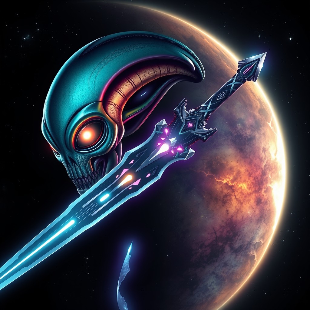 A sci-fi themed image featuring a futuristic sword with intricate designs and glowing elements, prominently displayed alongside an alien head that has vibrant colors and unusual features, set against a dark, cosmic background filled with stars and nebulas