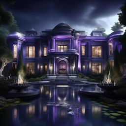 A realistic, sleek modern mansion, harboring an evil genius. Accentuated with chilling blues, eerie greens, and intense purples, the design subtly expresses the occupant's malevolence and immense intellect. The powerful aura and oppressive rage is almost palpable.