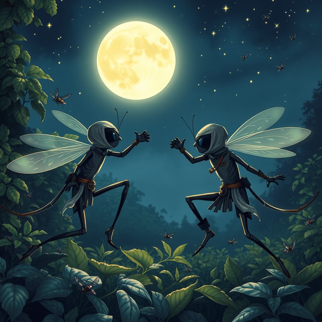 Two mosquitoes dressed in stealthy ninja outfits, engaged in an epic duel under the bright, glowing moonlight