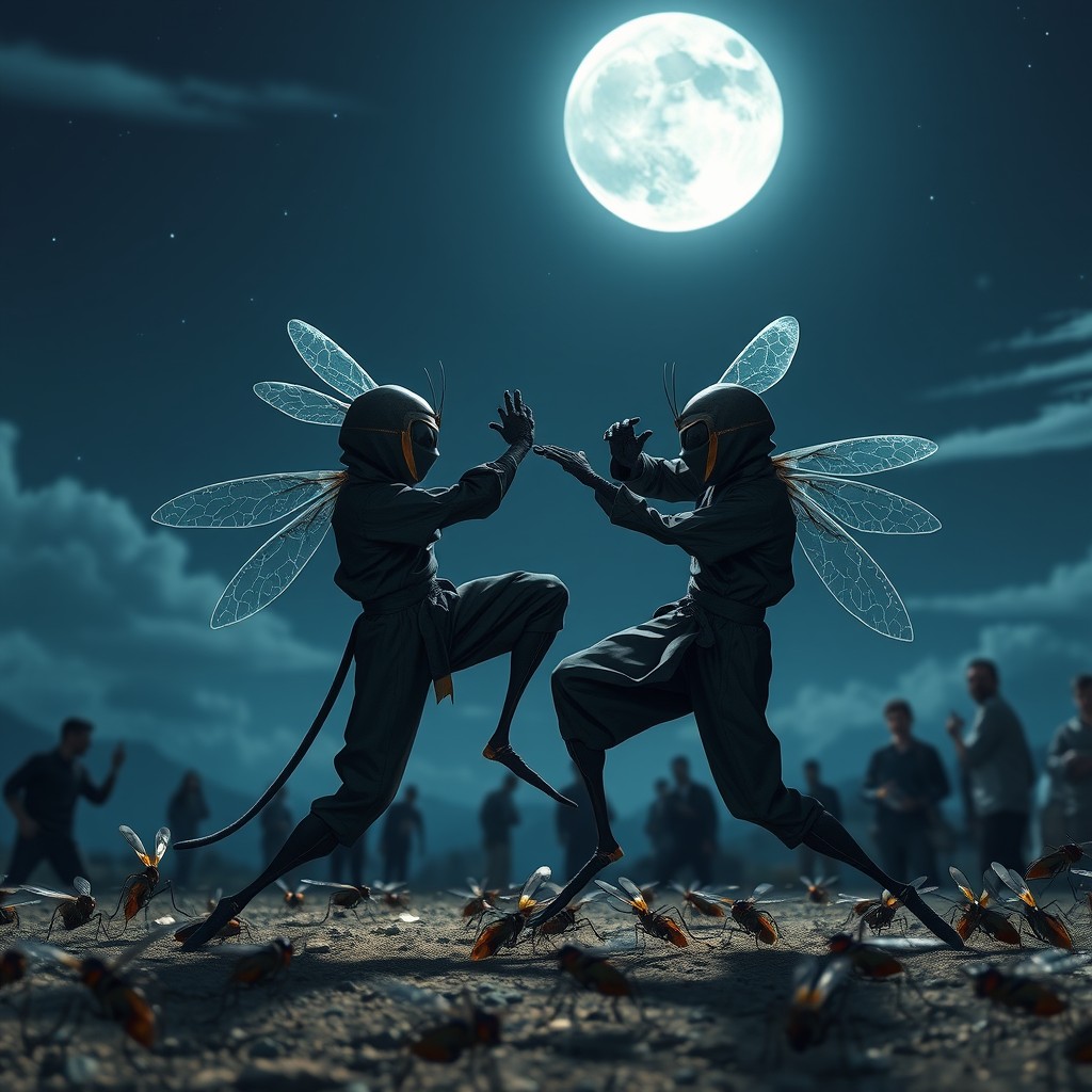 Two mosquitoes clad in sleek, black ninja outfits are engaged in an intense martial arts duel under the bright moonlight