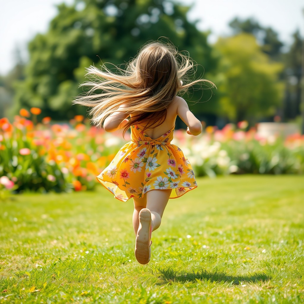 A young girl running from behind, her long hair flowing in the wind, wearing a vibrant summer dress with floral patterns