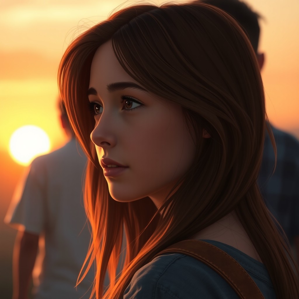 A young woman with brown hair gazing into the horizon with a nostalgic expression, while a man is seen from behind, walking away