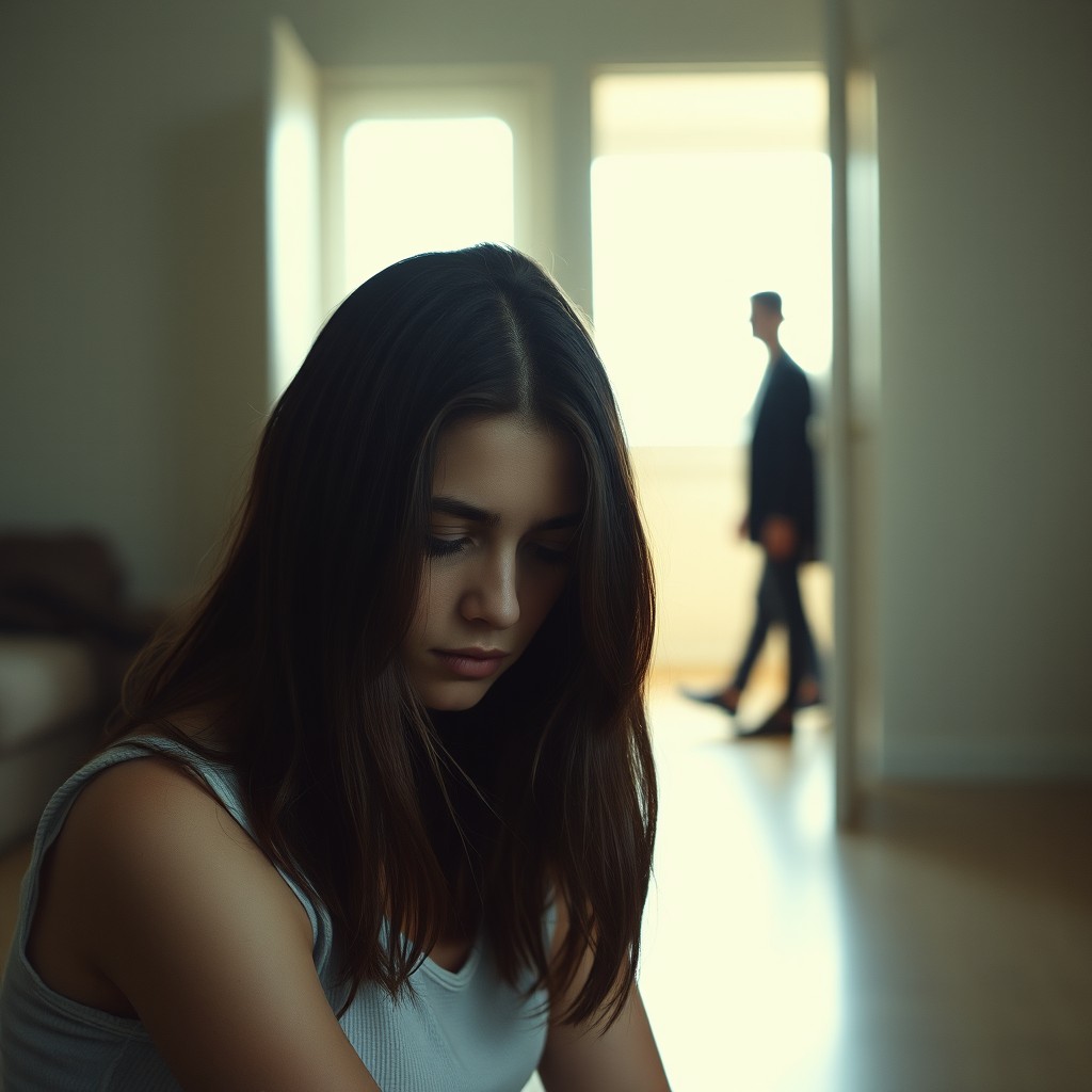 A young woman with a melancholic expression, her hair down and gaze directed downward, sitting alone in a room with soft, natural light