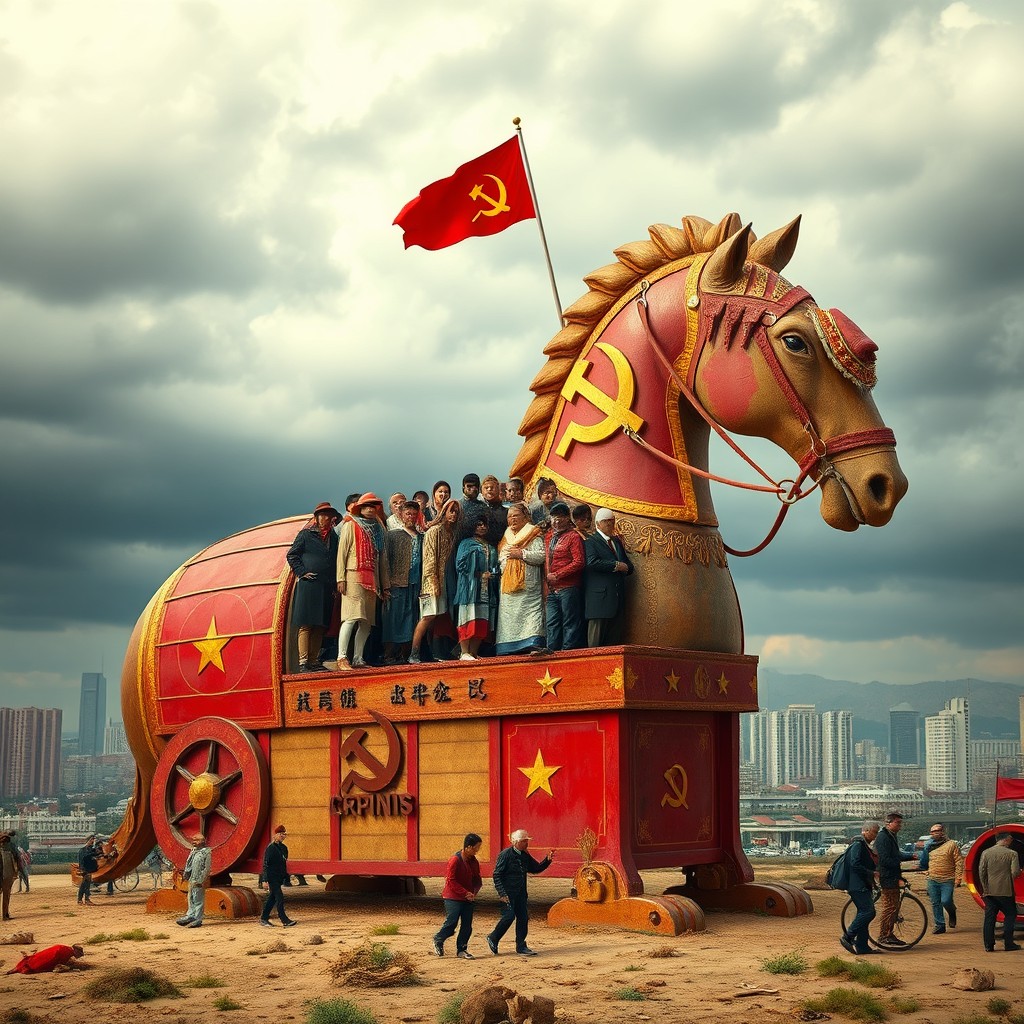 A surreal scene depicting a large, distinctively designed Trojan horse symbolizing communism