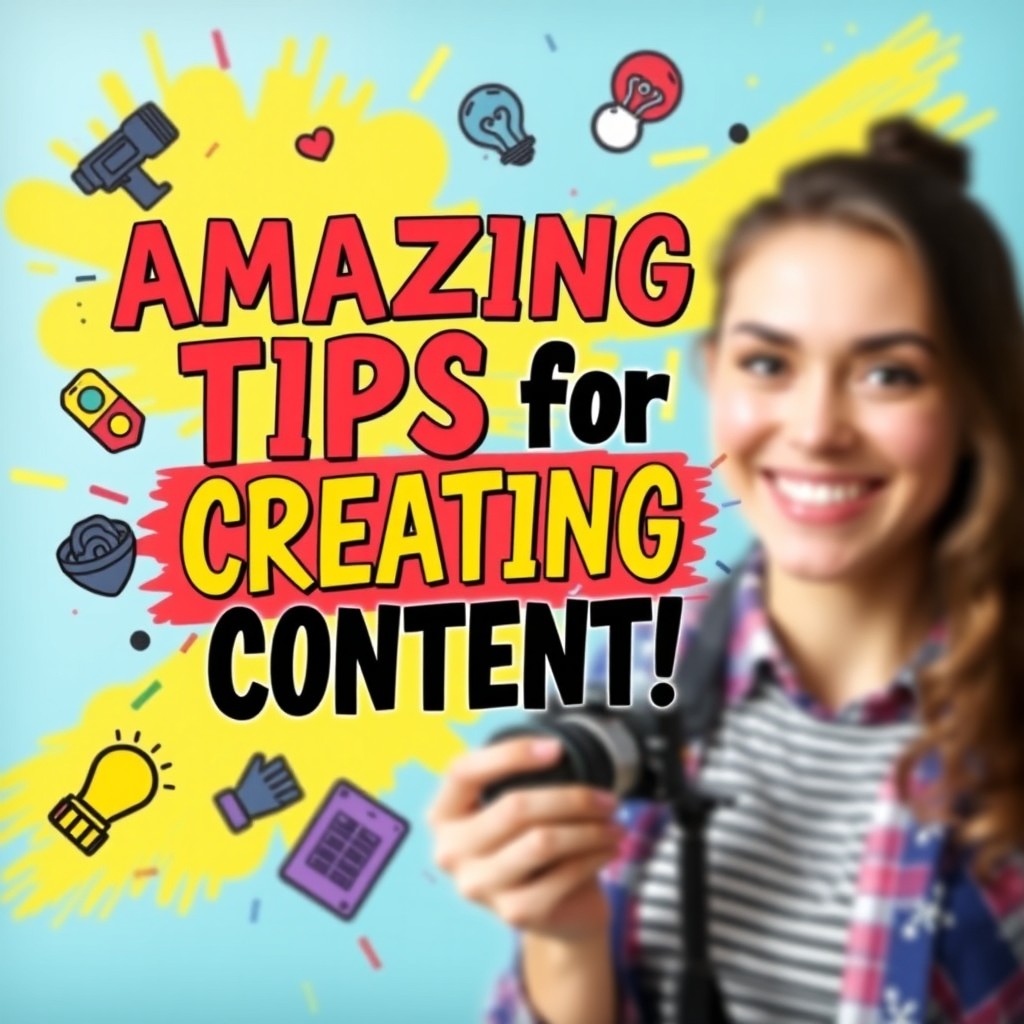A vibrant and eye-catching YouTube thumbnail featuring a bold title that reads 'AMAZING TIPS for CREATING CONTENT!' with energetic, colorful graphics