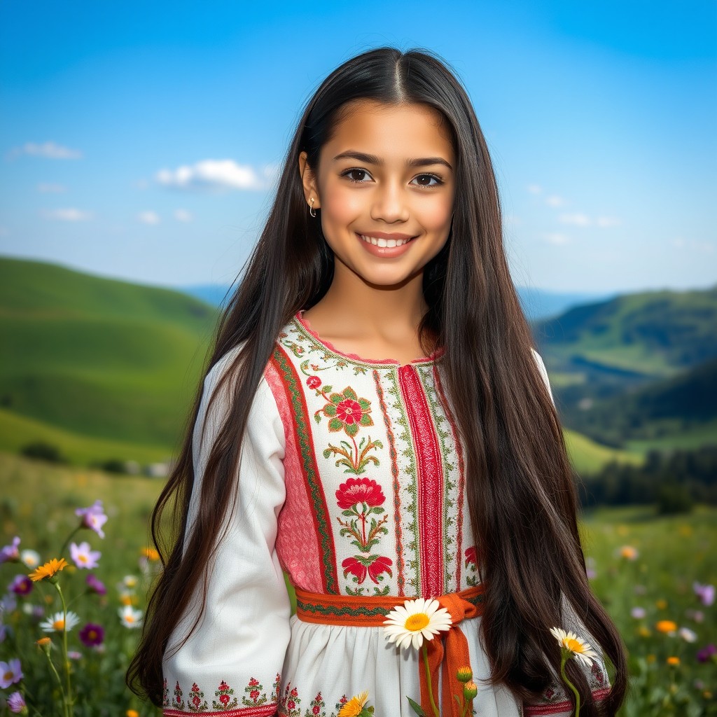 A beautiful Slovak girl with long, flowing dark hair, wearing a traditional folk dress with intricate floral patterns